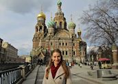 Katie outside the Church of the Saviour on Spilt Blood, St Petersburg