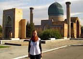 Katie in front of the Gur Emir mausoleum, Samarkand, Uzbekistan