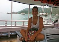 Debbie on a boat to Lopes Mendes beach, Ilha Grande
